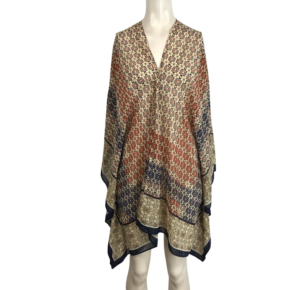 Catherines Womens Geometric Floral Print Poncho Kimono Duster Blue Red Tan 2X 3X